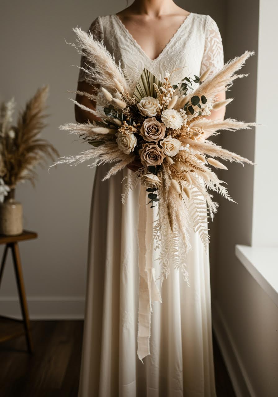 Elegant cascading neutral dried flower bouquet in cream and taupe tones with flowing waterfall silhouette in minimalist setting