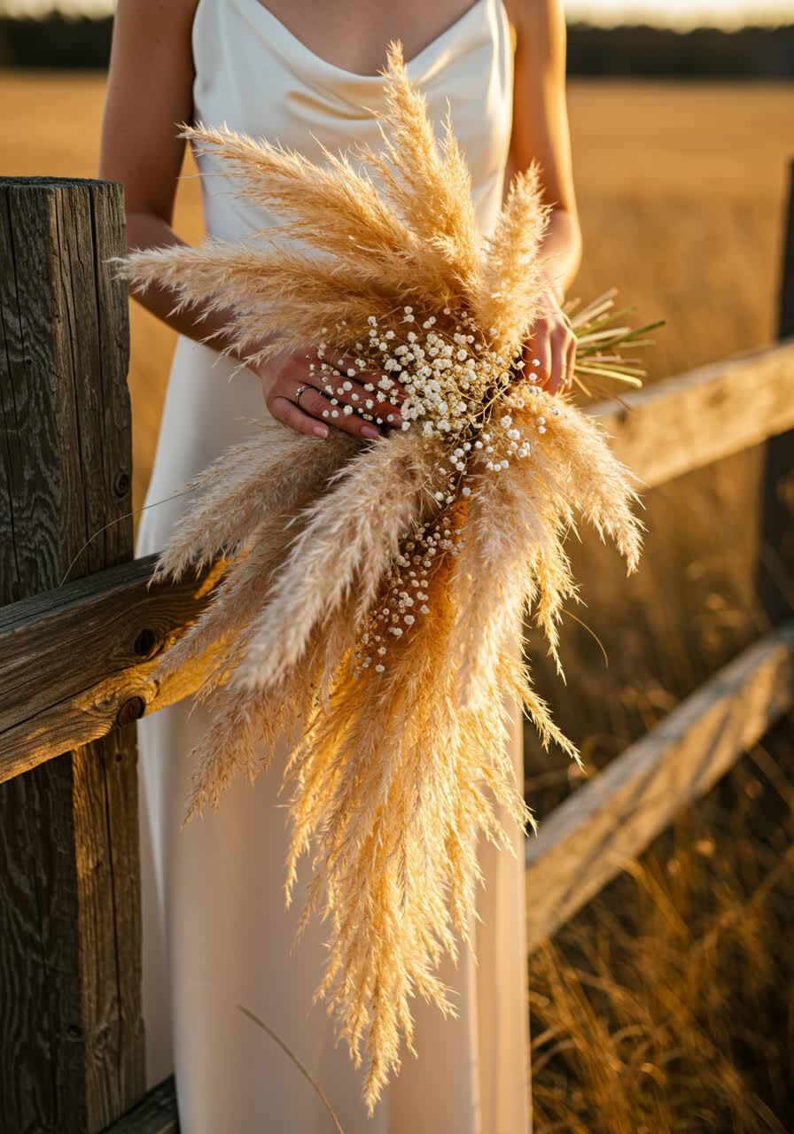 Bride holding ethereal pampas grass bouquet with feathery cream plumes captured in magical golden hour light