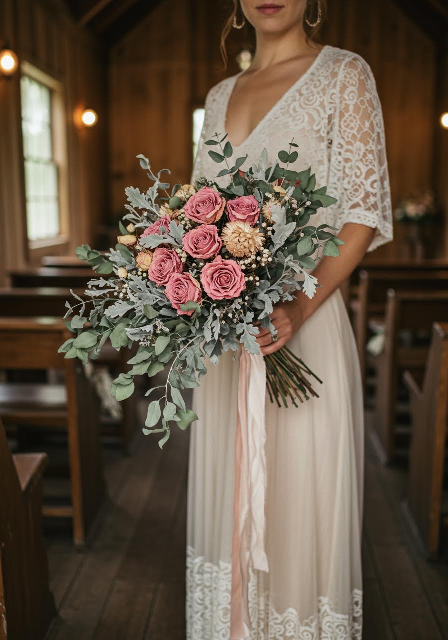 Romantic vintage dried flower bouquet featuring dusty pink roses and silvered eucalyptus in an intimate rustic chapel setting