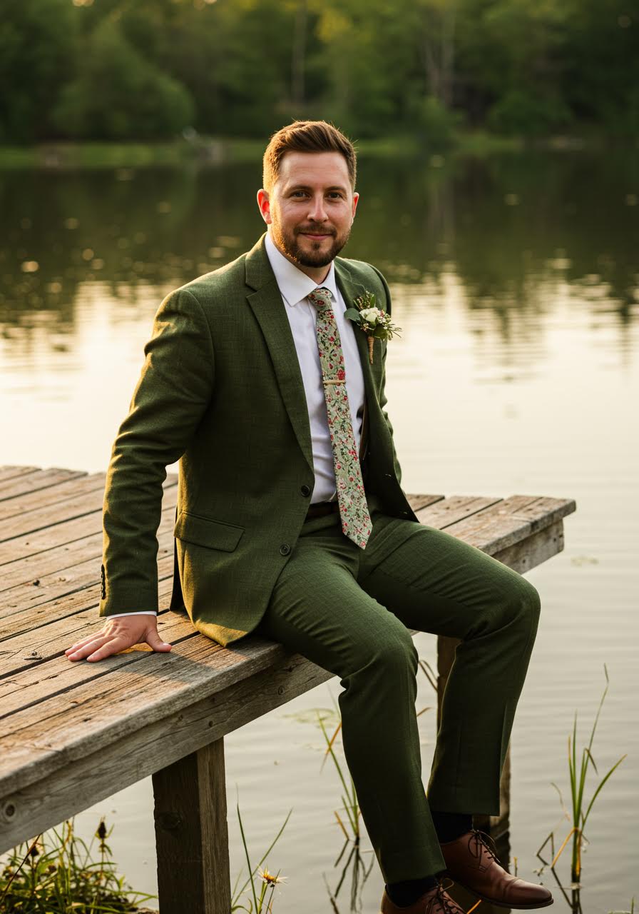 Relaxed groom sitting on lakeside dock in olive suit during peaceful golden hour
