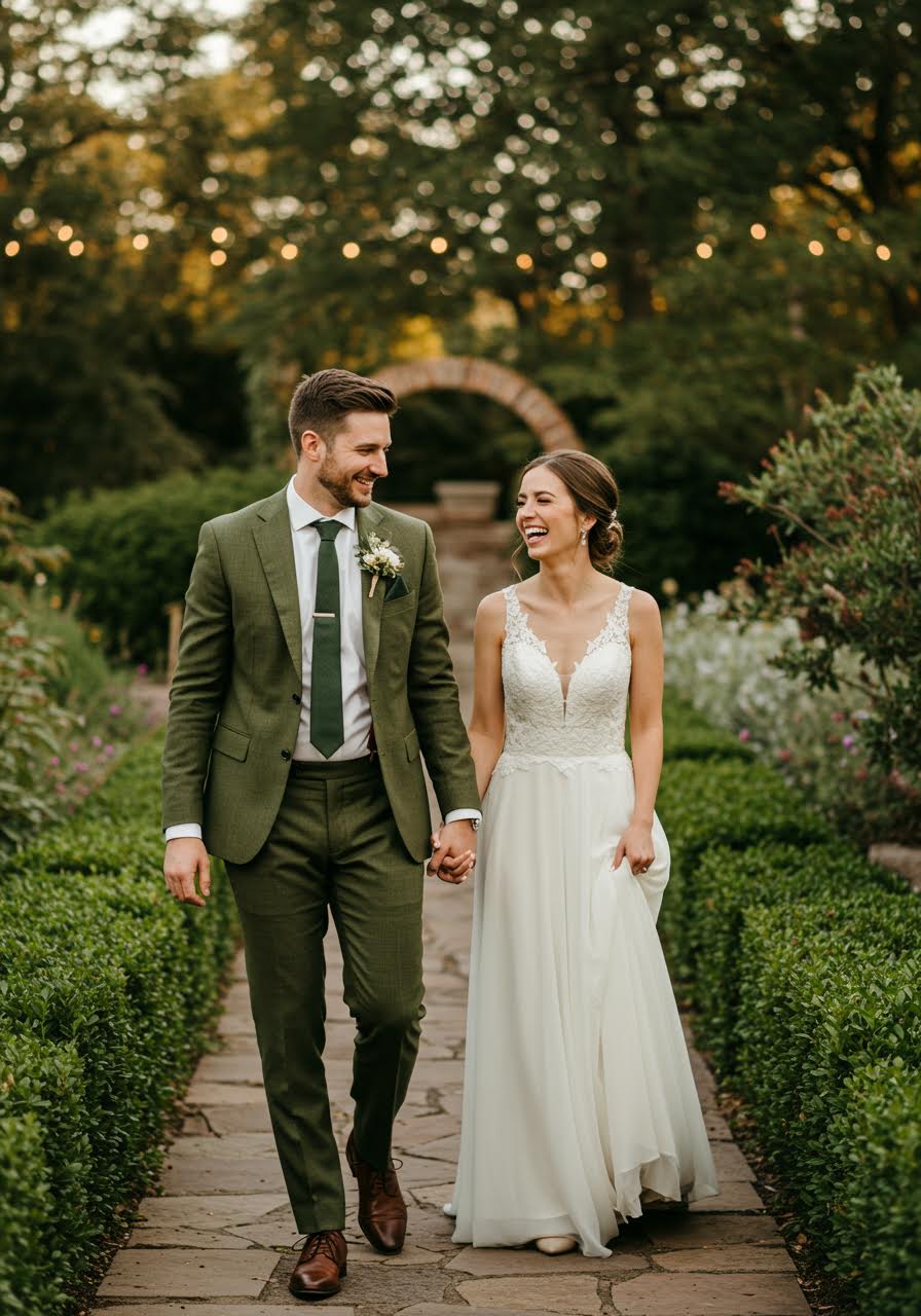 Elegant couple walking hand in hand through manicured garden with groom in olive suit