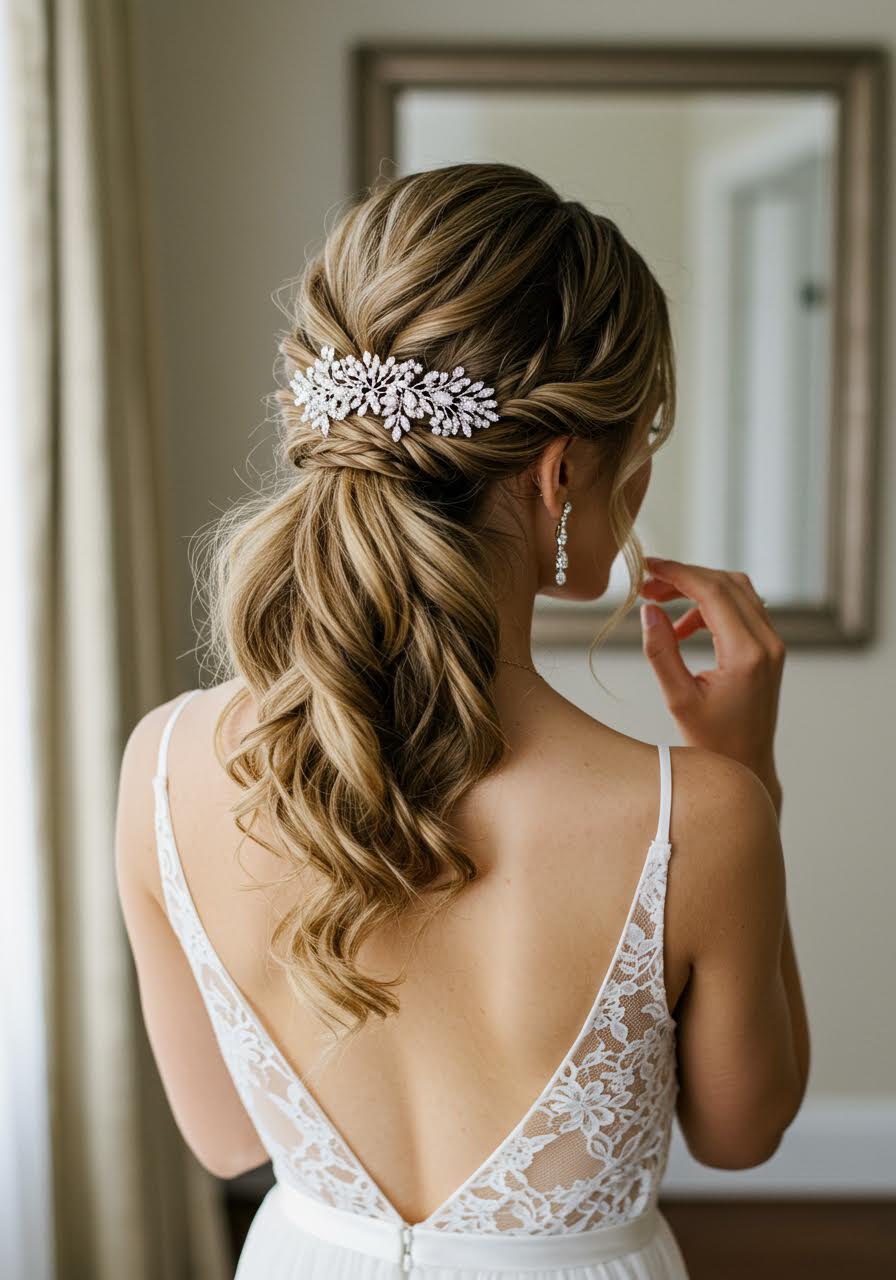 Wide view of bride with braided ponytail in luxurious bridal suite setting