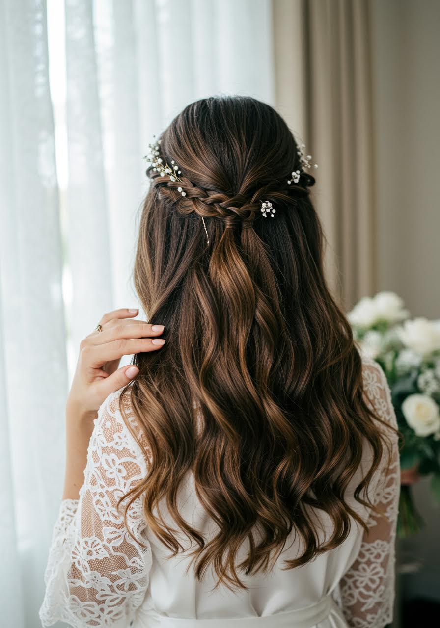 Front view of bride with subtle accent braid woven through soft waves