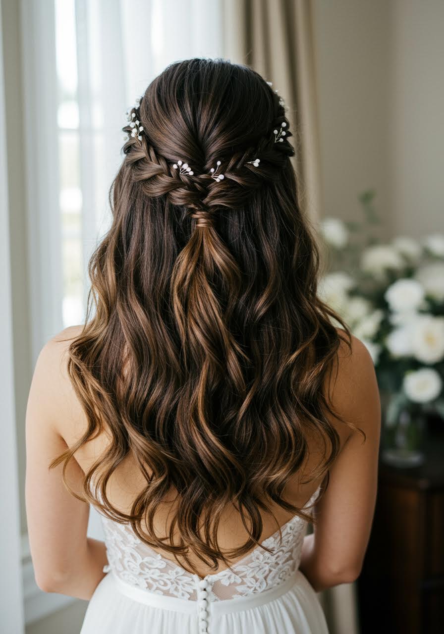Romantic bridal hairstyle featuring hidden accent braid with flowing soft waves