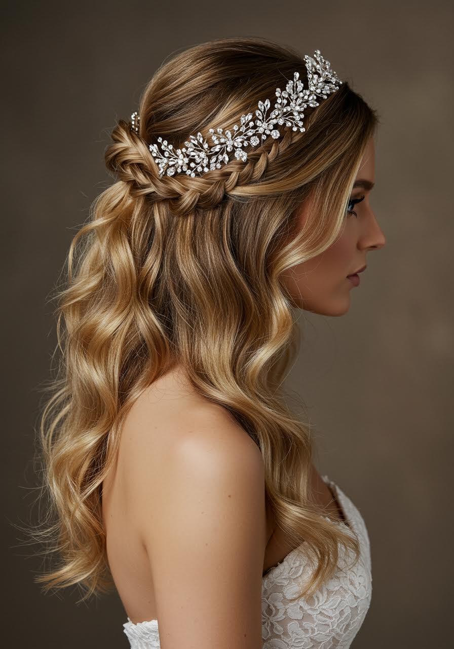 Elegant bridal profile showcasing intricate crown braid detail