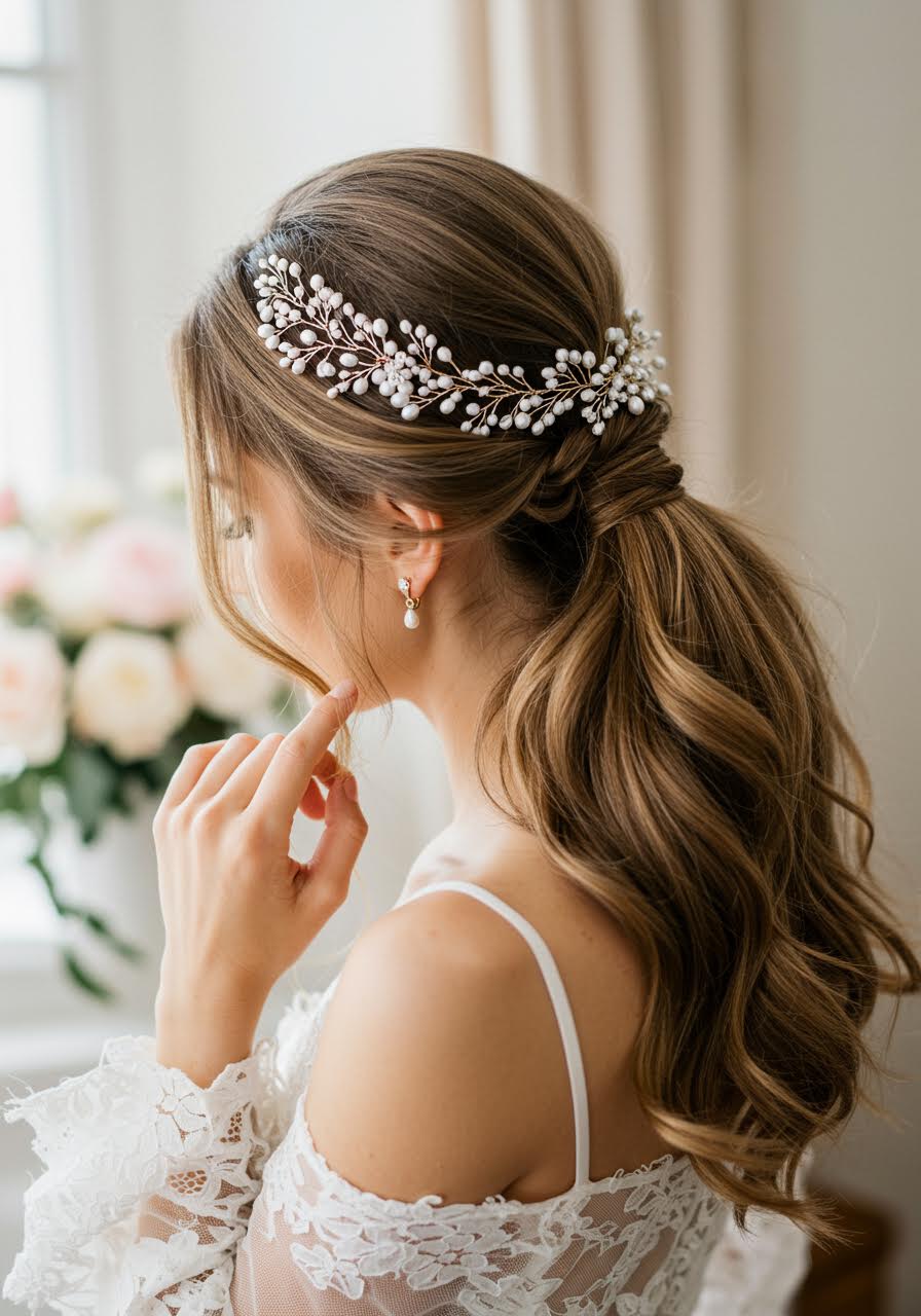 Bride touching her braided ponytail with delicate pearl vine details