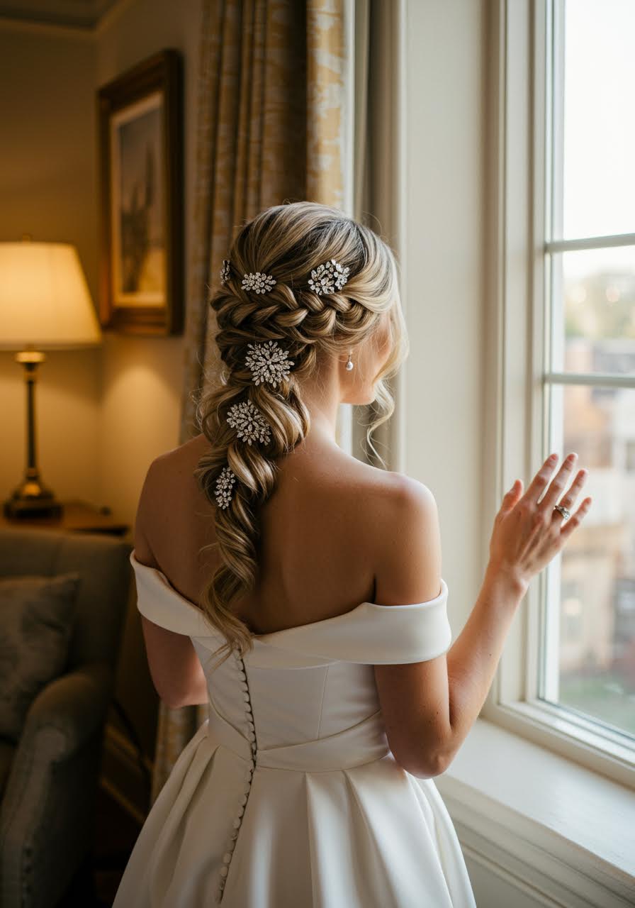 Bride by window with crystal-adorned rope braid in warm natural light