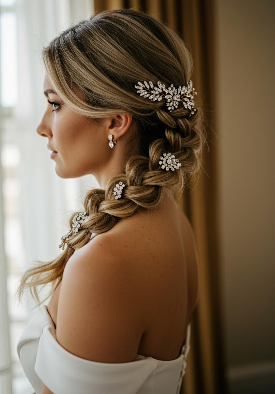 Bride with twisted rope braid adorned with crystal clips in golden hour