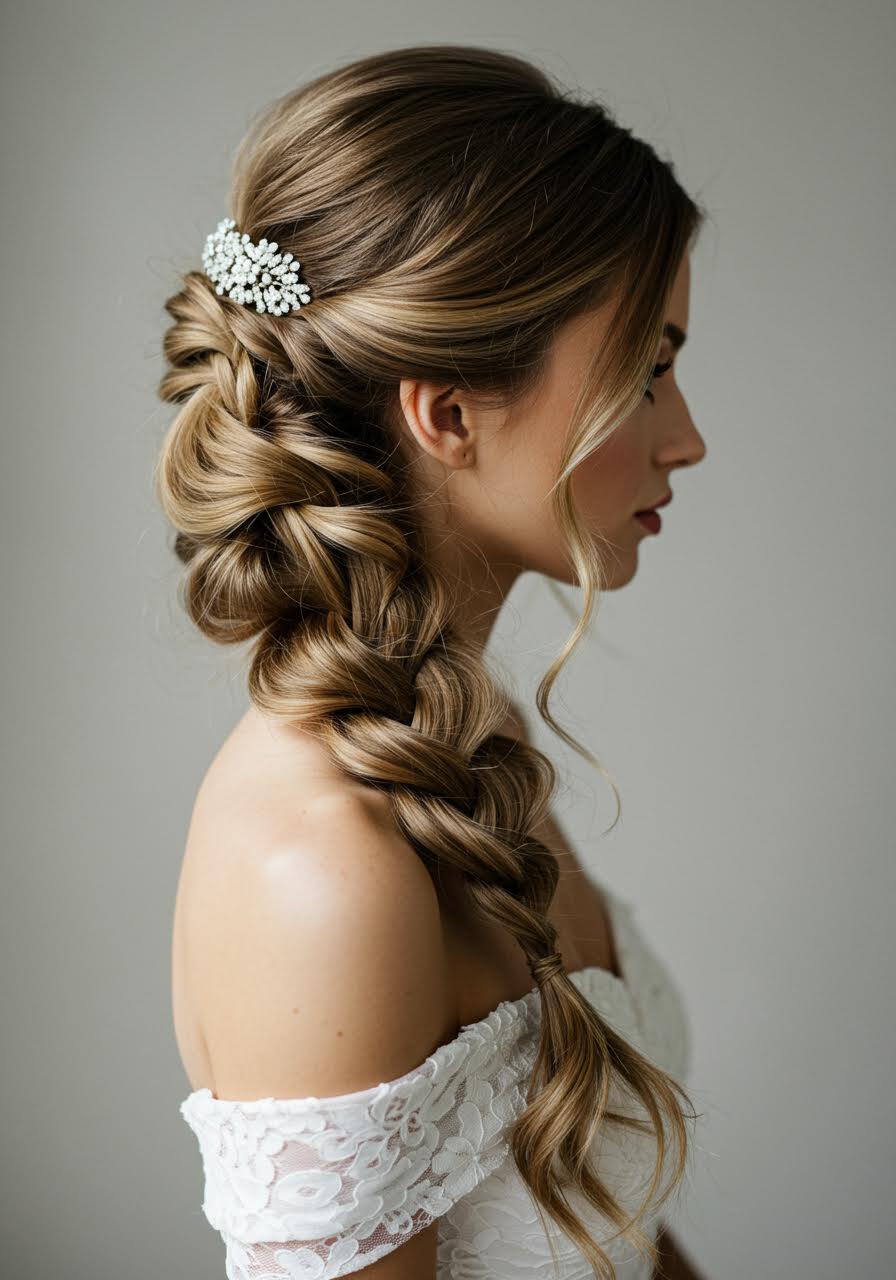 Professional studio portrait featuring bride's intricate fishtail braid