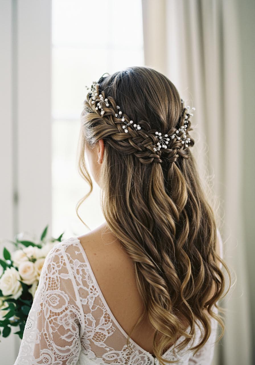 Bride displaying elegant double-braided headband hairstyle from behind