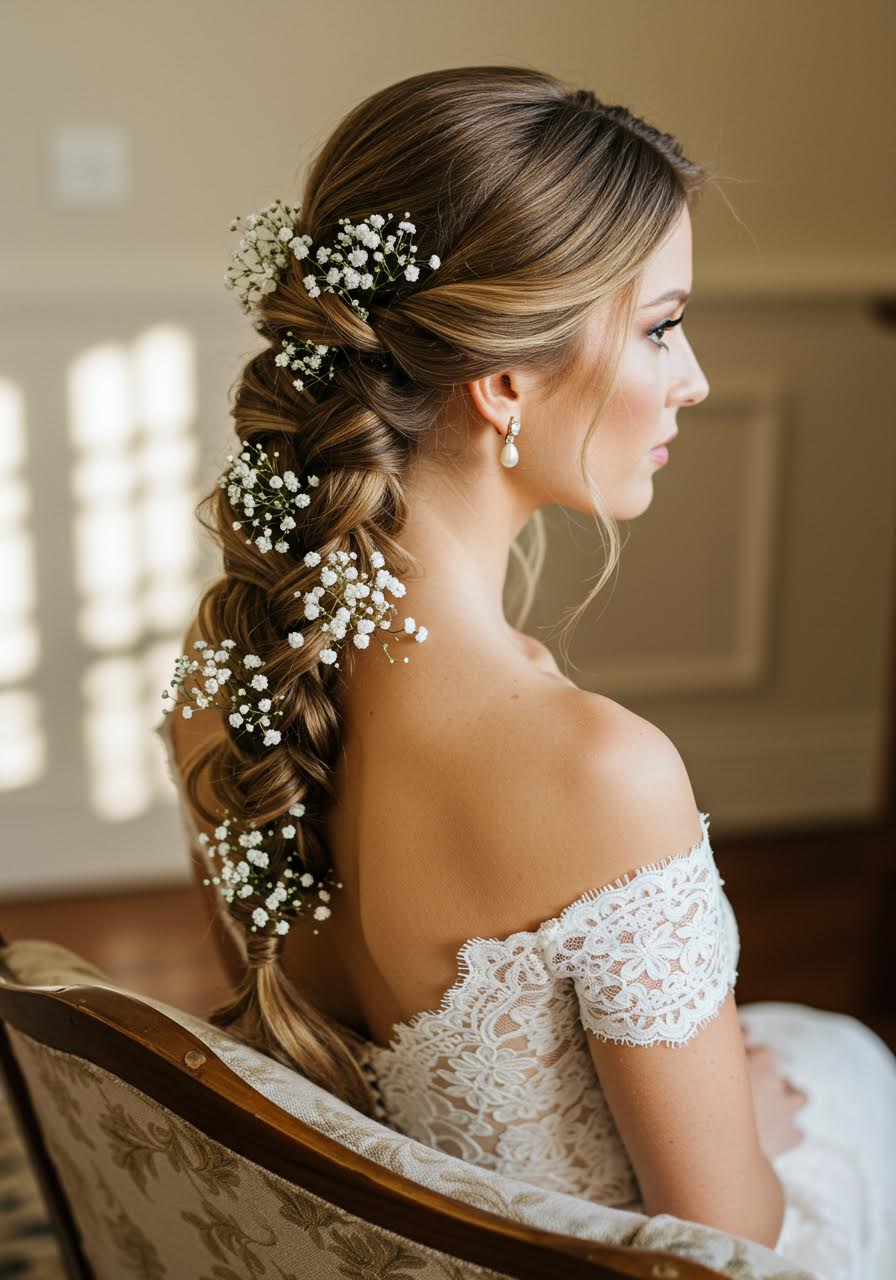 Bride in golden hour light showing elegant three-strand braid profile