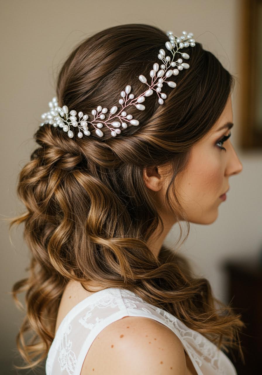 Profile view of bride with pearl vine twisted half-up hairstyle