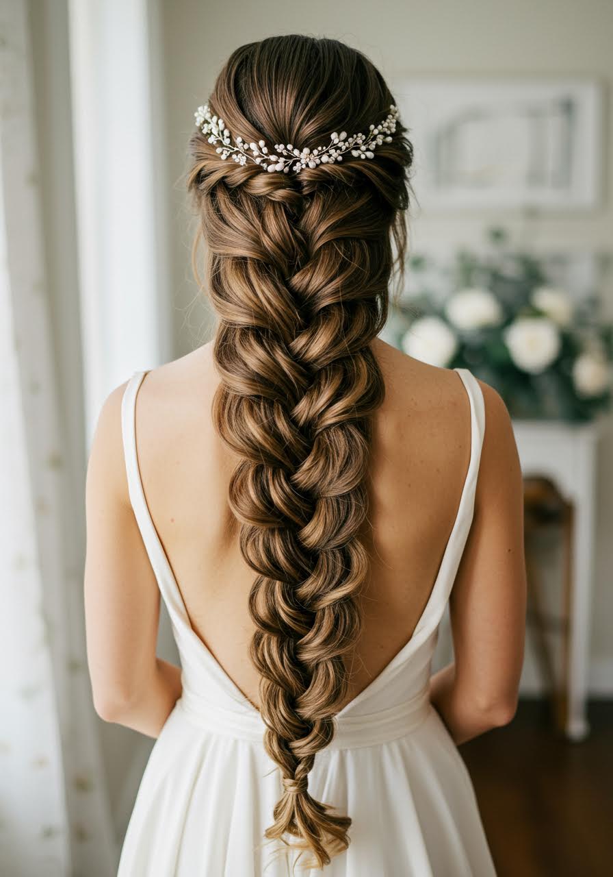 Elegant bride wearing sophisticated twisted rope braid hairstyle