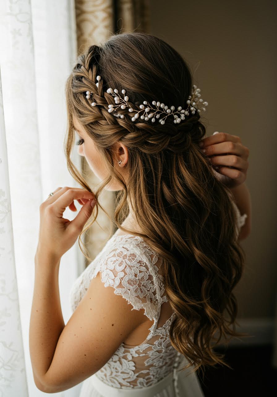 Overhead view of bohemian Dutch braid crown with flowing tendrils