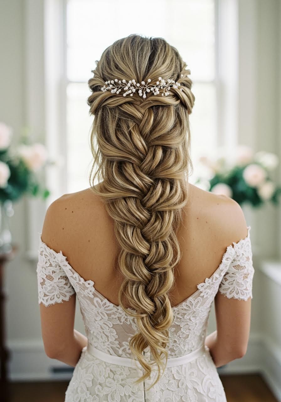 Romantic bride showcasing voluminous pull-through braid from behind