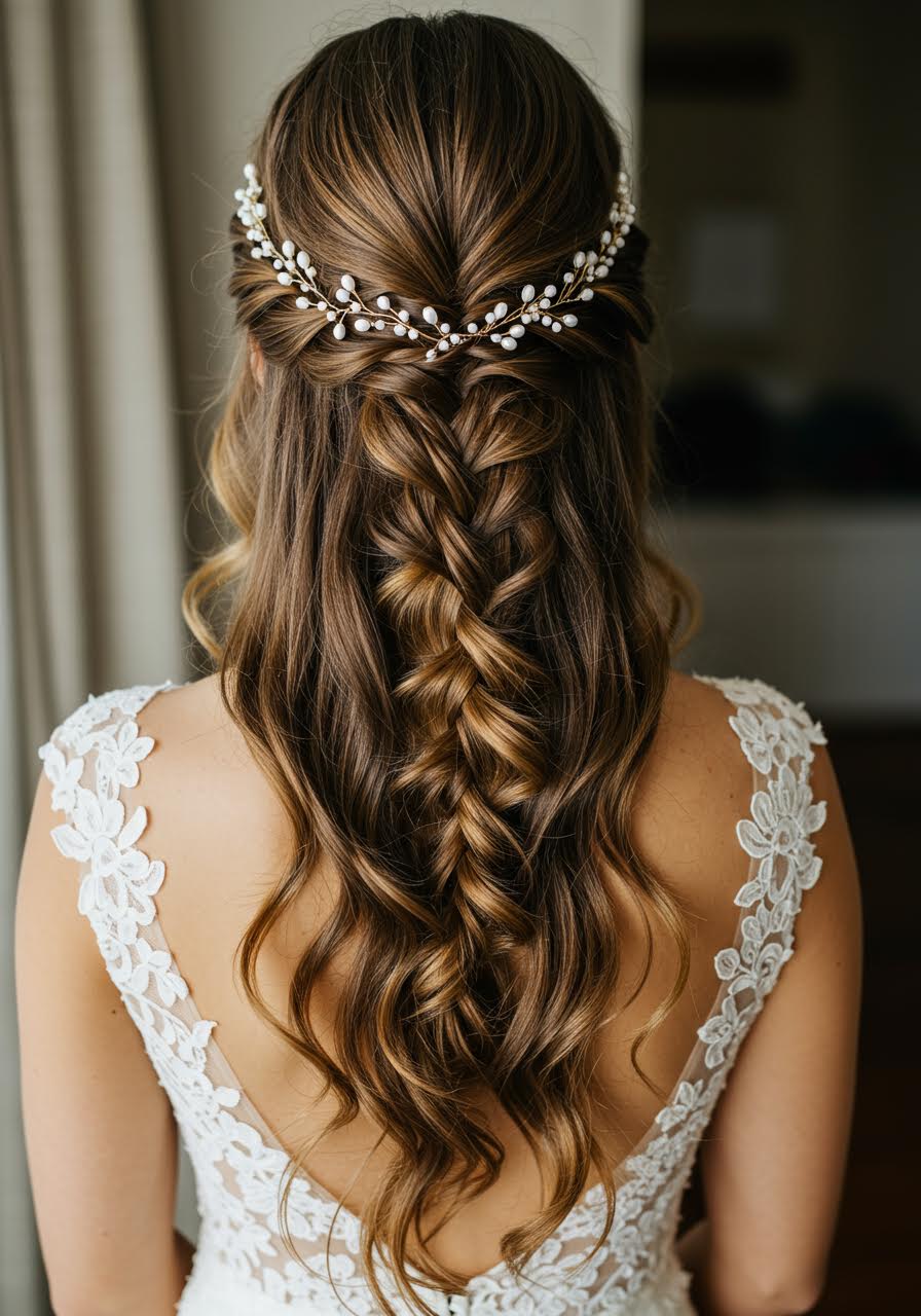 Low angle view of whimsical waterfall braid with flowing curls