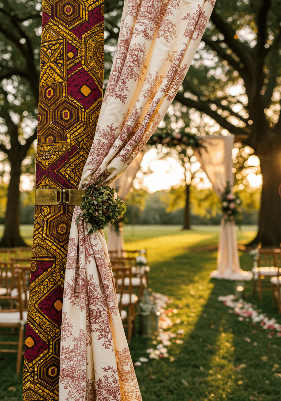Macro detail of tribal geometric patterns in burgundy and gold meeting delicate toile motifs