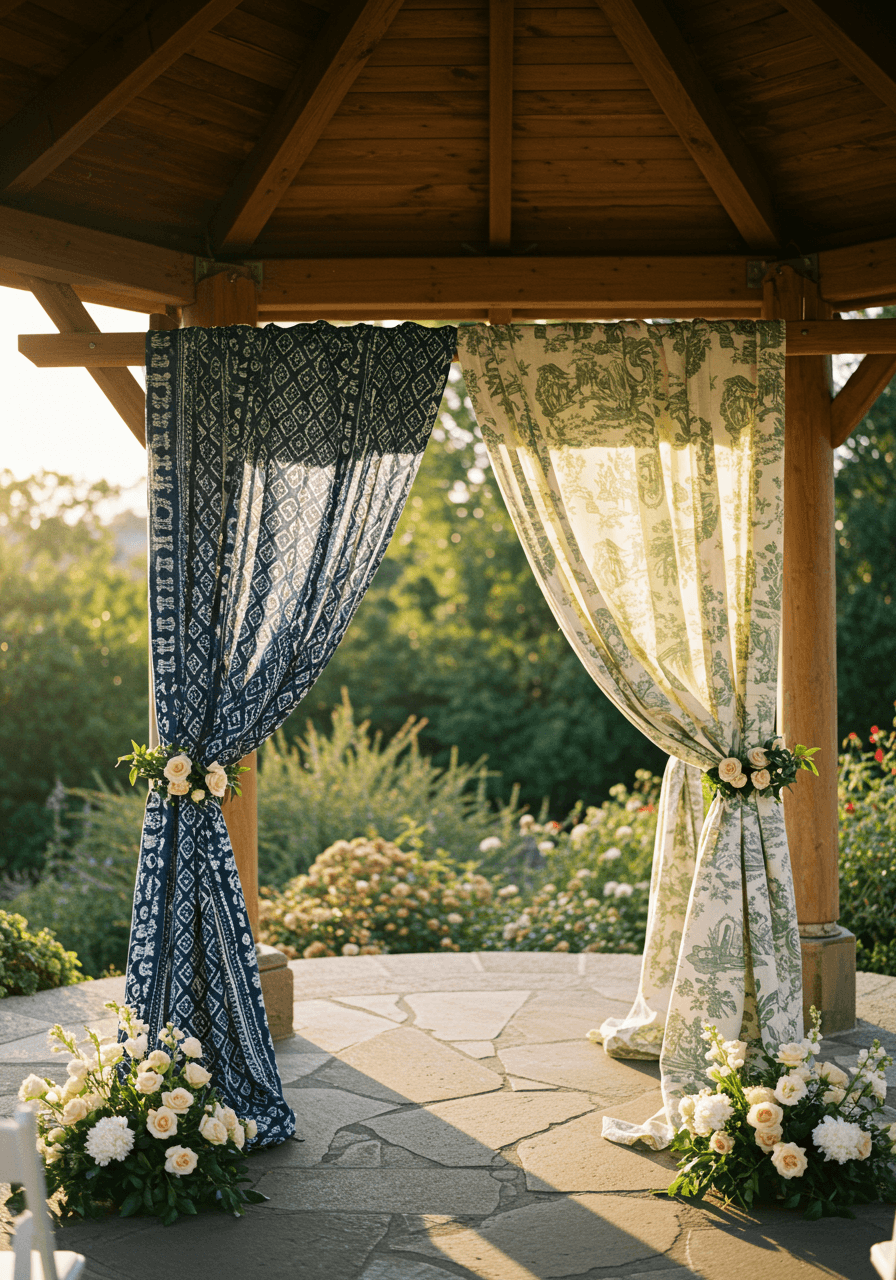 Wedding ceremony arch with African mudcloth geometric patterns and English toile pastoral scenes