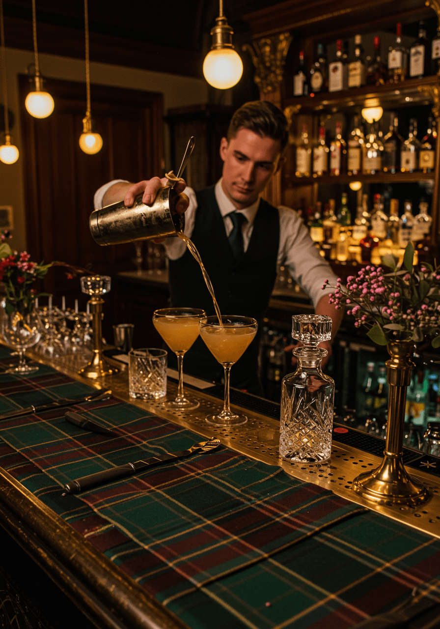 Close-up of cocktail preparation with tartan patterns and brass bar tools