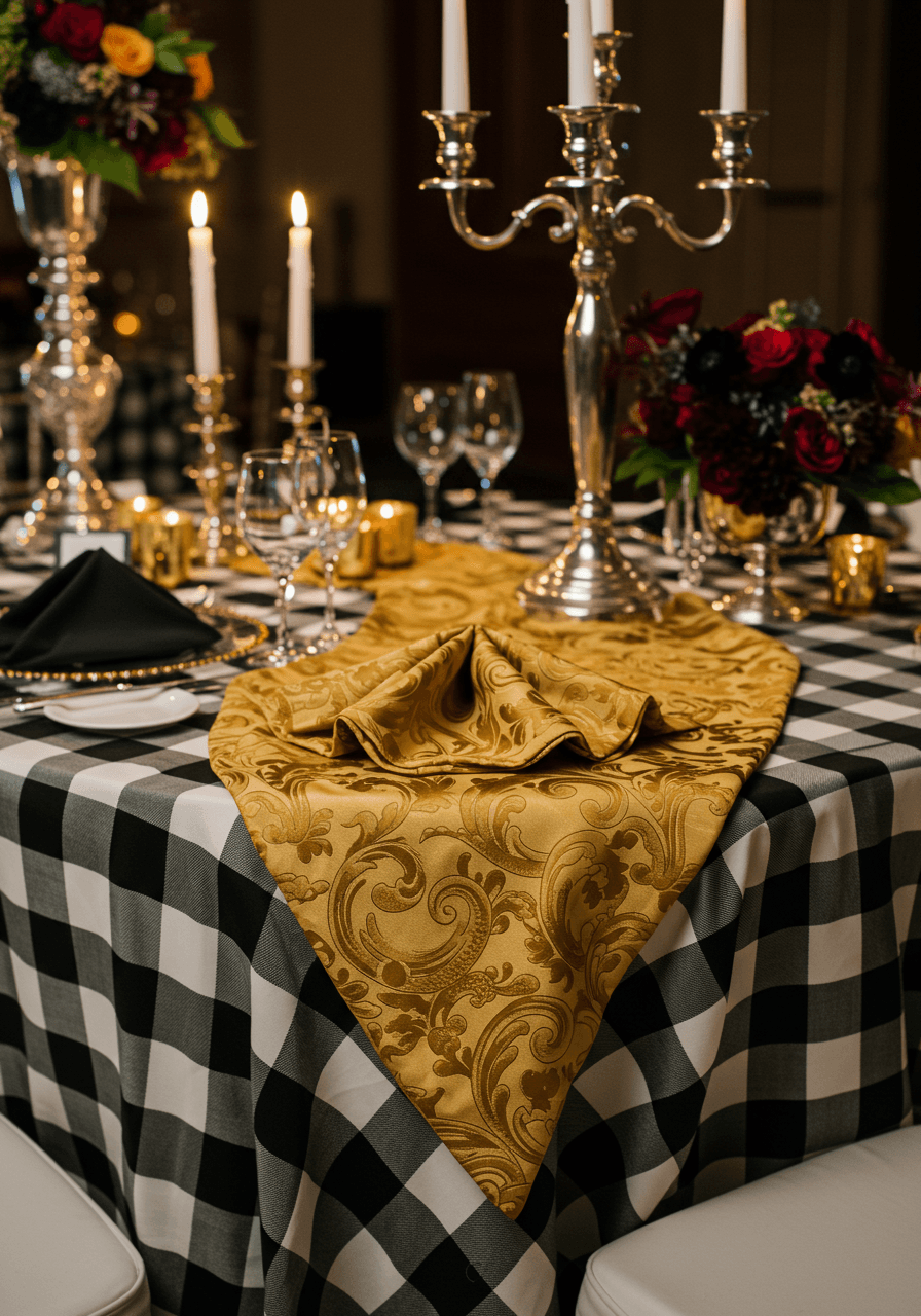 Sweetheart table with black and white gingham tablecloth and golden Baroque damask napkins