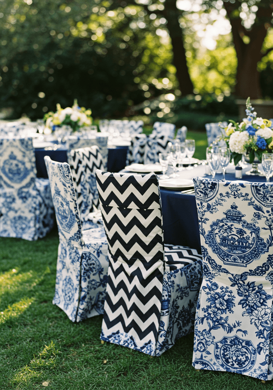 Wedding reception chairs with black and white chevron seat covers and blue Chinoiserie floral slipcovers