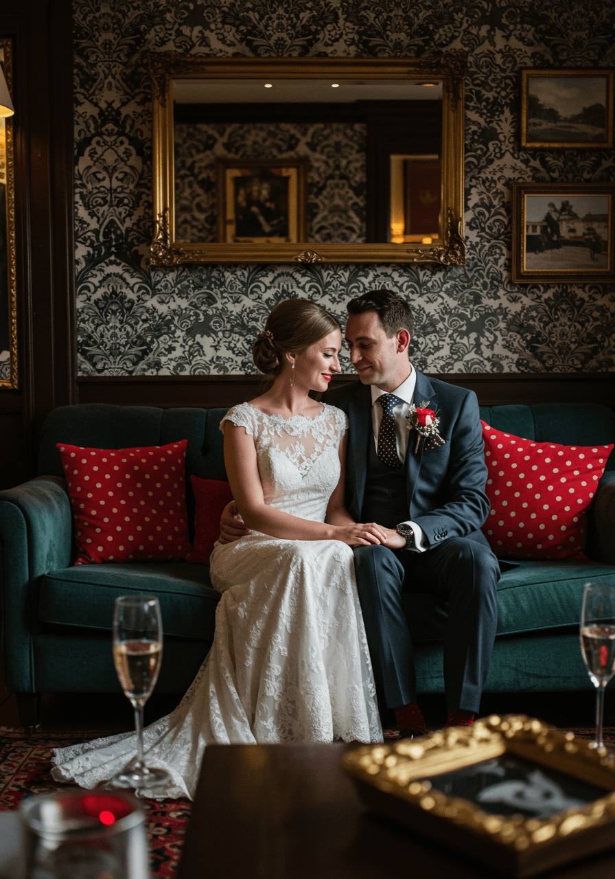 Intimate portrait of wedding couple in opulent lounge with ornate gold frames and crystal glasses