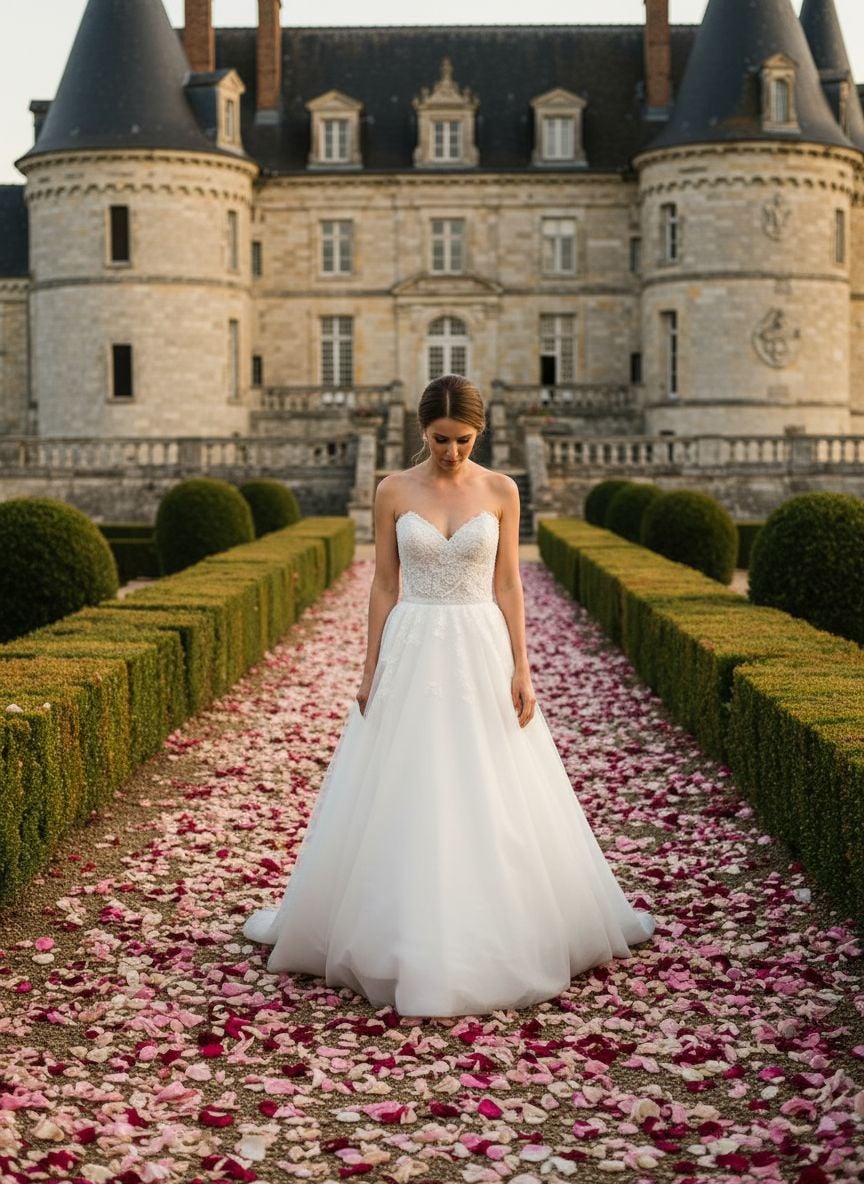 Bride walking along rose petal-strewn pathway through château gardens
