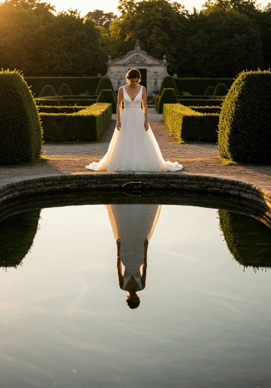 Bride's reflection captured in château garden reflecting pool