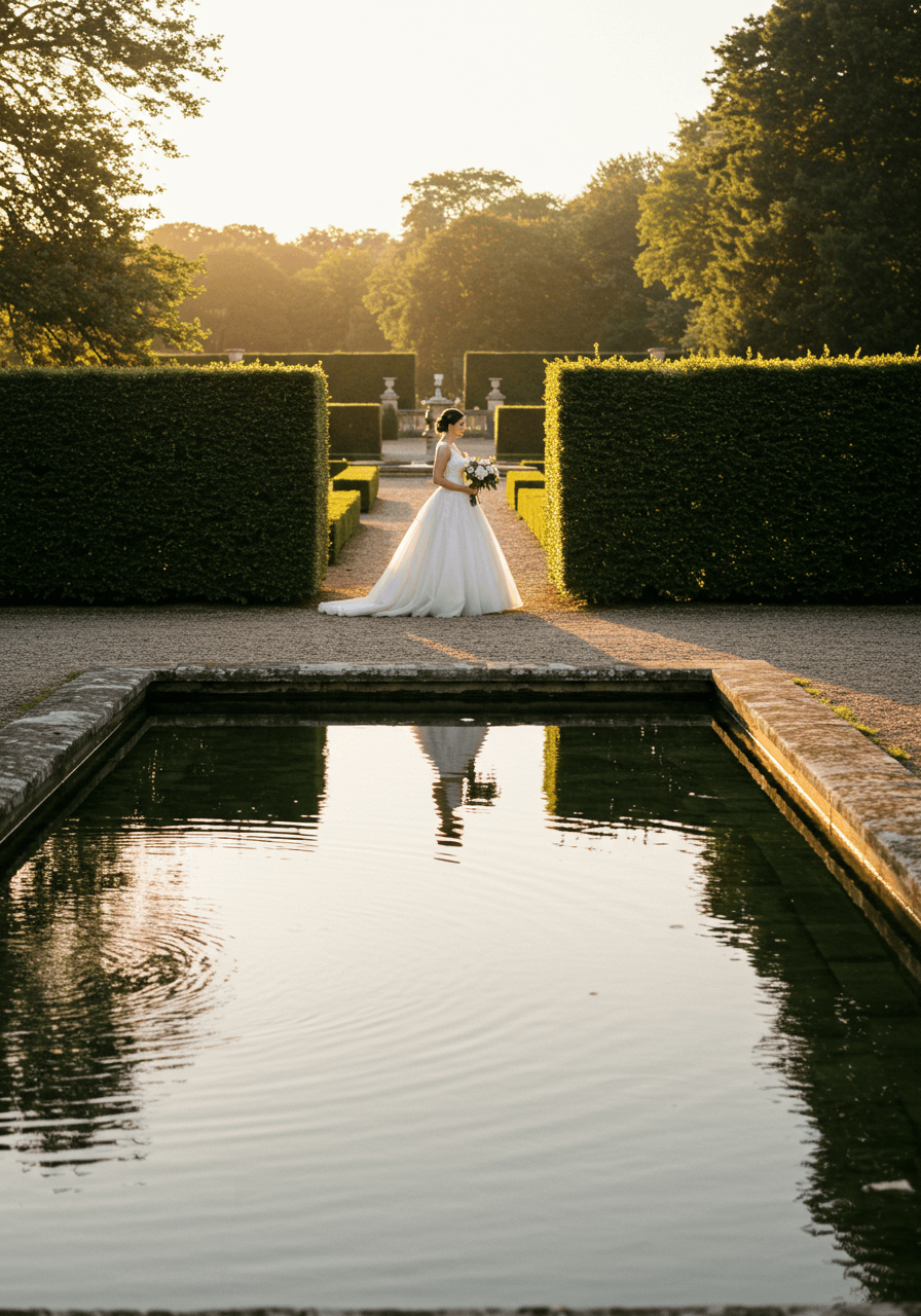 Bride walking beside reflecting pool in château gardens during golden hour