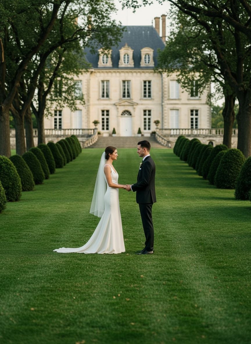 Perfect lawn ceremony setup with château backdrop during golden hour lighting