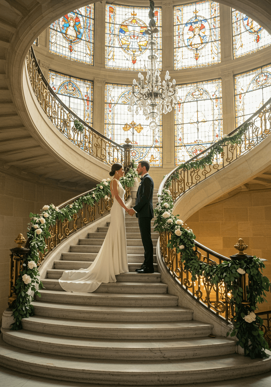 Intimate moment during staircase wedding ceremony with architectural backdrop