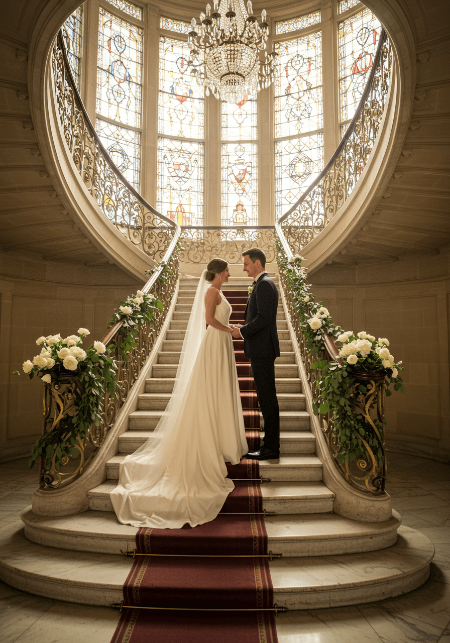 Wedding ceremony taking place on elegant marble château staircase