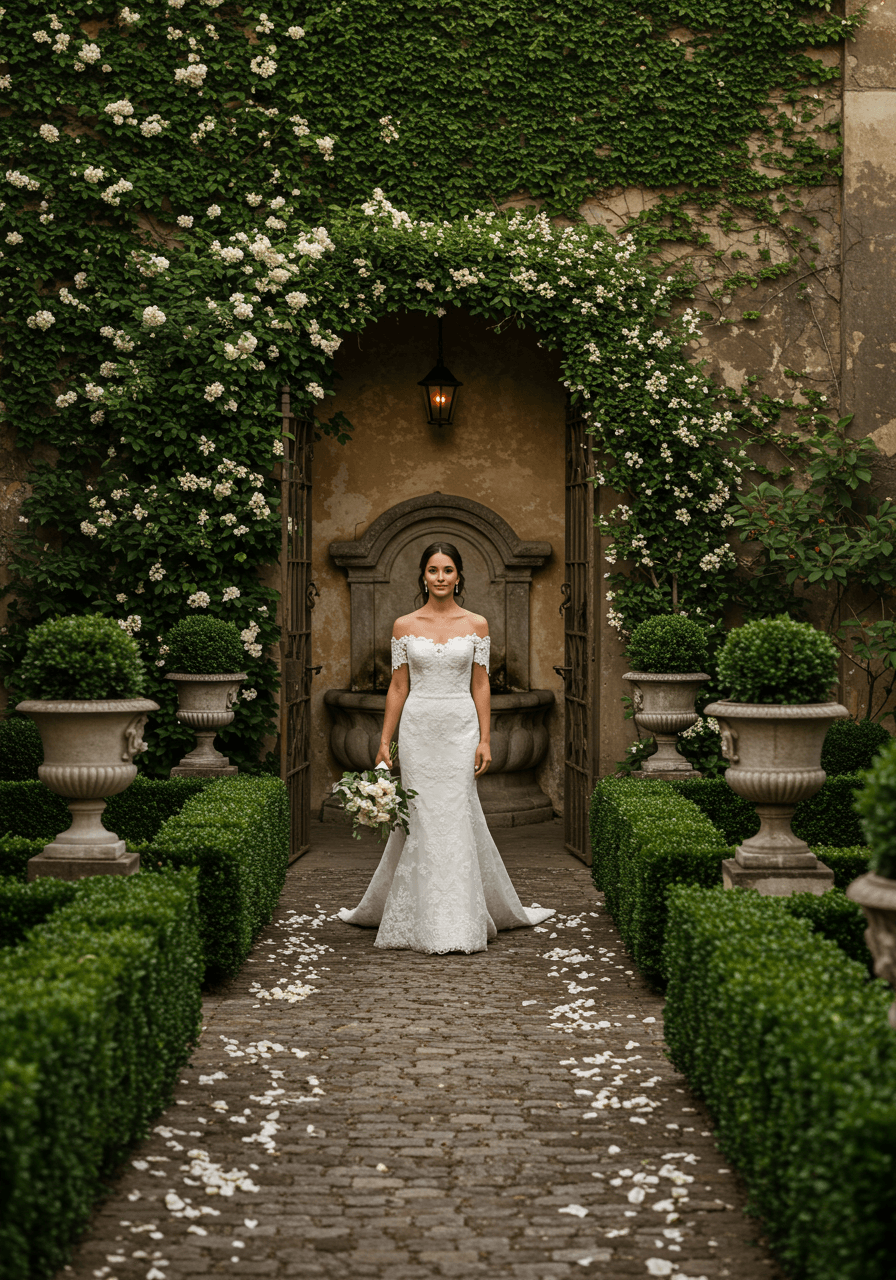 Bride on charming cobblestone pathway in hidden château garden during golden hour