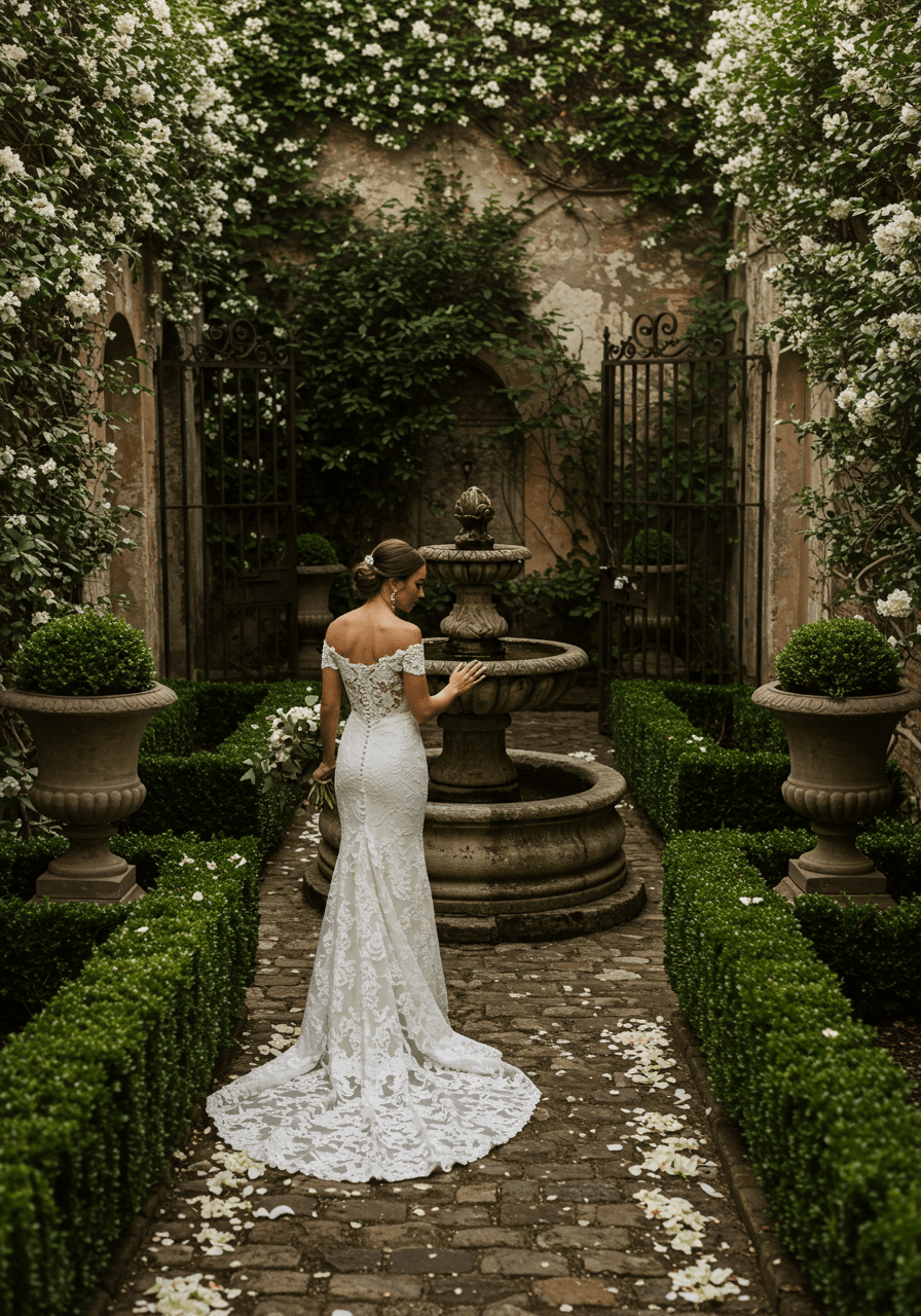 Bride beside ornamental fountain in intimate château courtyard