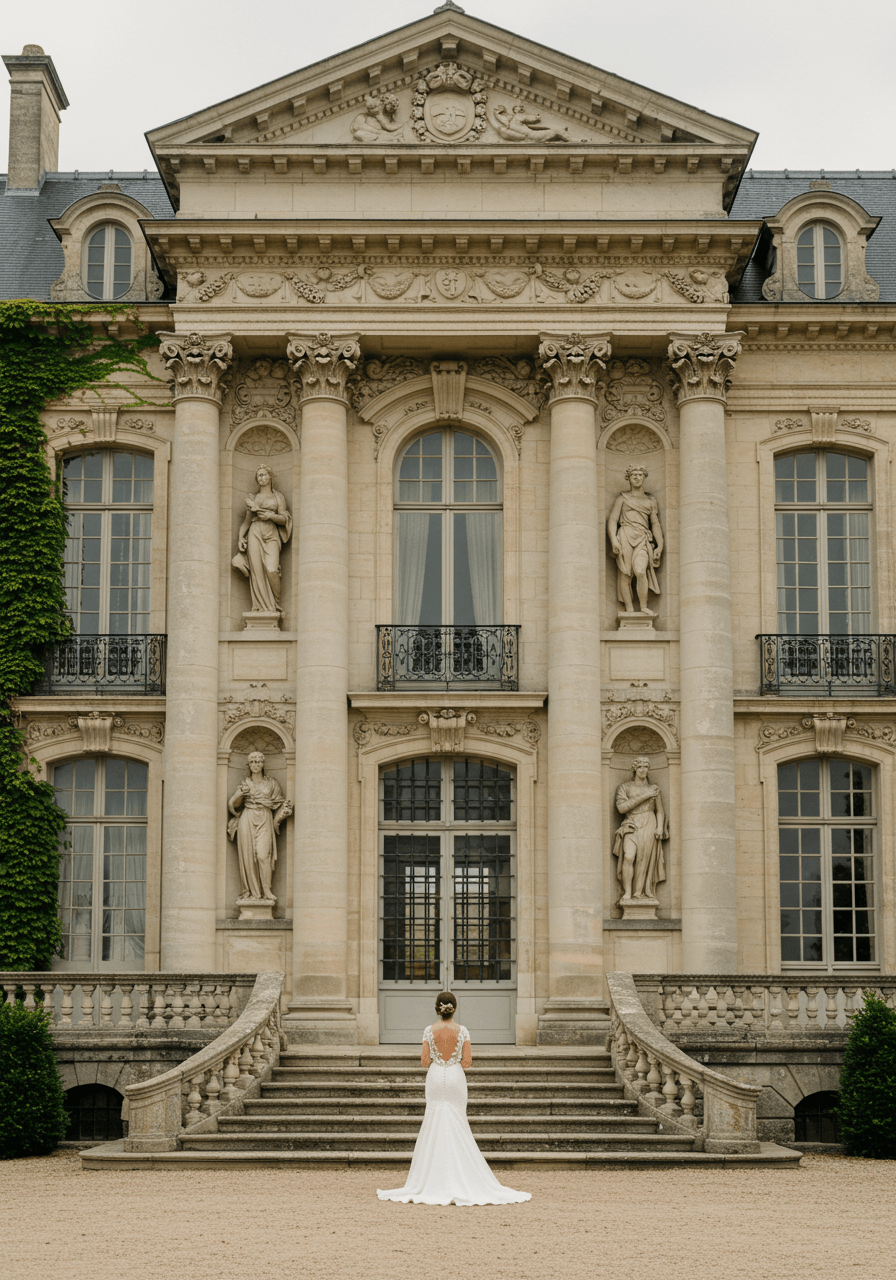 Elegant bride in flowing white gown standing before ornate French château entrance