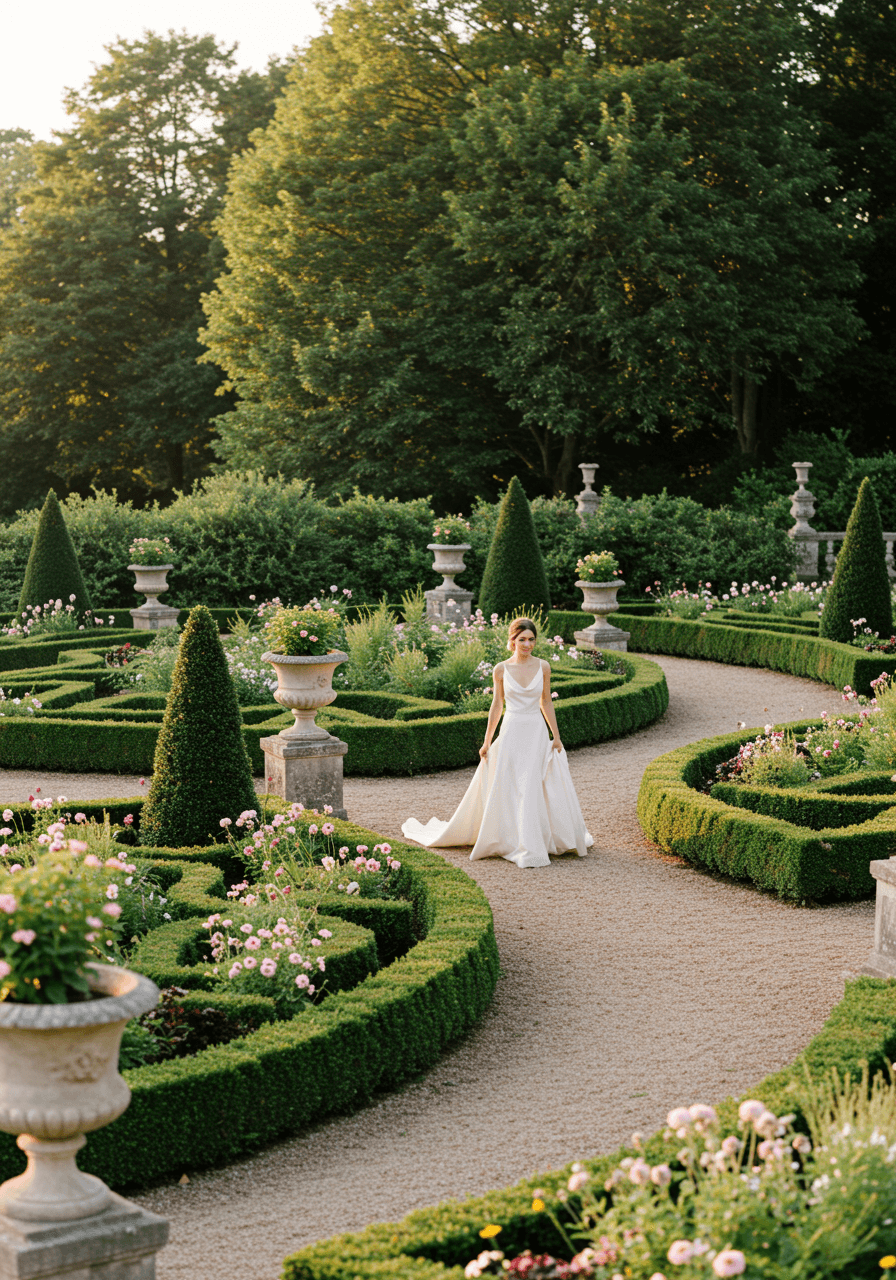 Elegant bride walking through formal French garden pathway