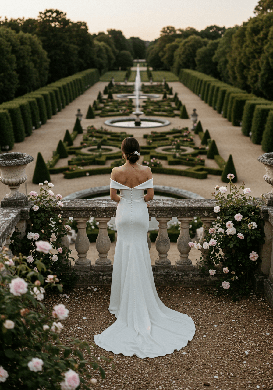 Portrait of bride on château terrace with formal gardens stretching behind