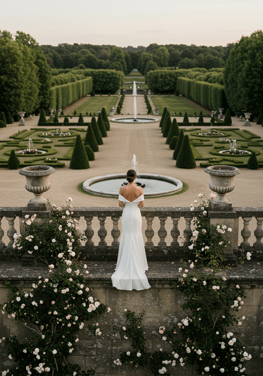 Medium shot of bride on château terrace with garden vista backdrop