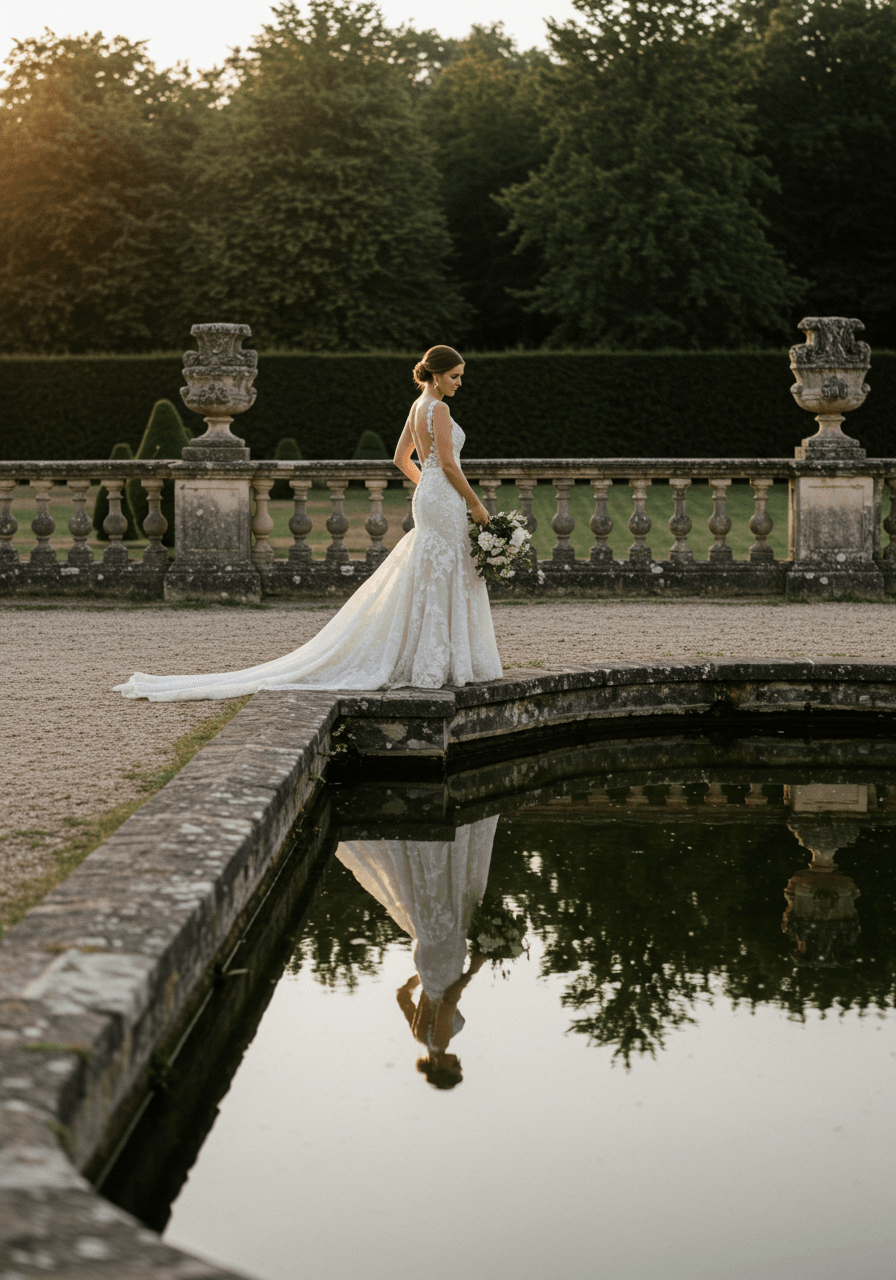 Bride beside reflecting pool with precisely sculpted topiary gardens