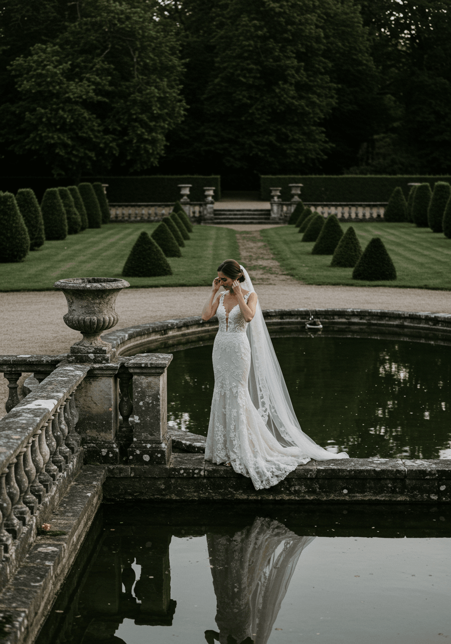 Delicate moment of bride adjusting veil beside ornamental pool