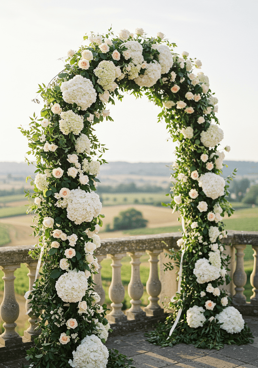 Detailed view of hydrangea floral archway with château vineyard backdrop in morning light