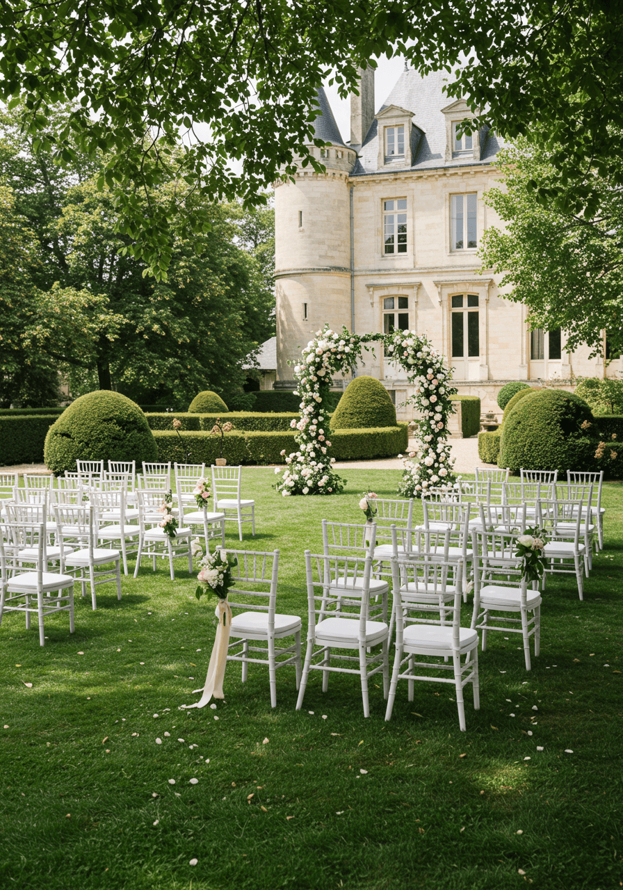 Wide view of ceremony seating arrangement on château lawn with garden vista