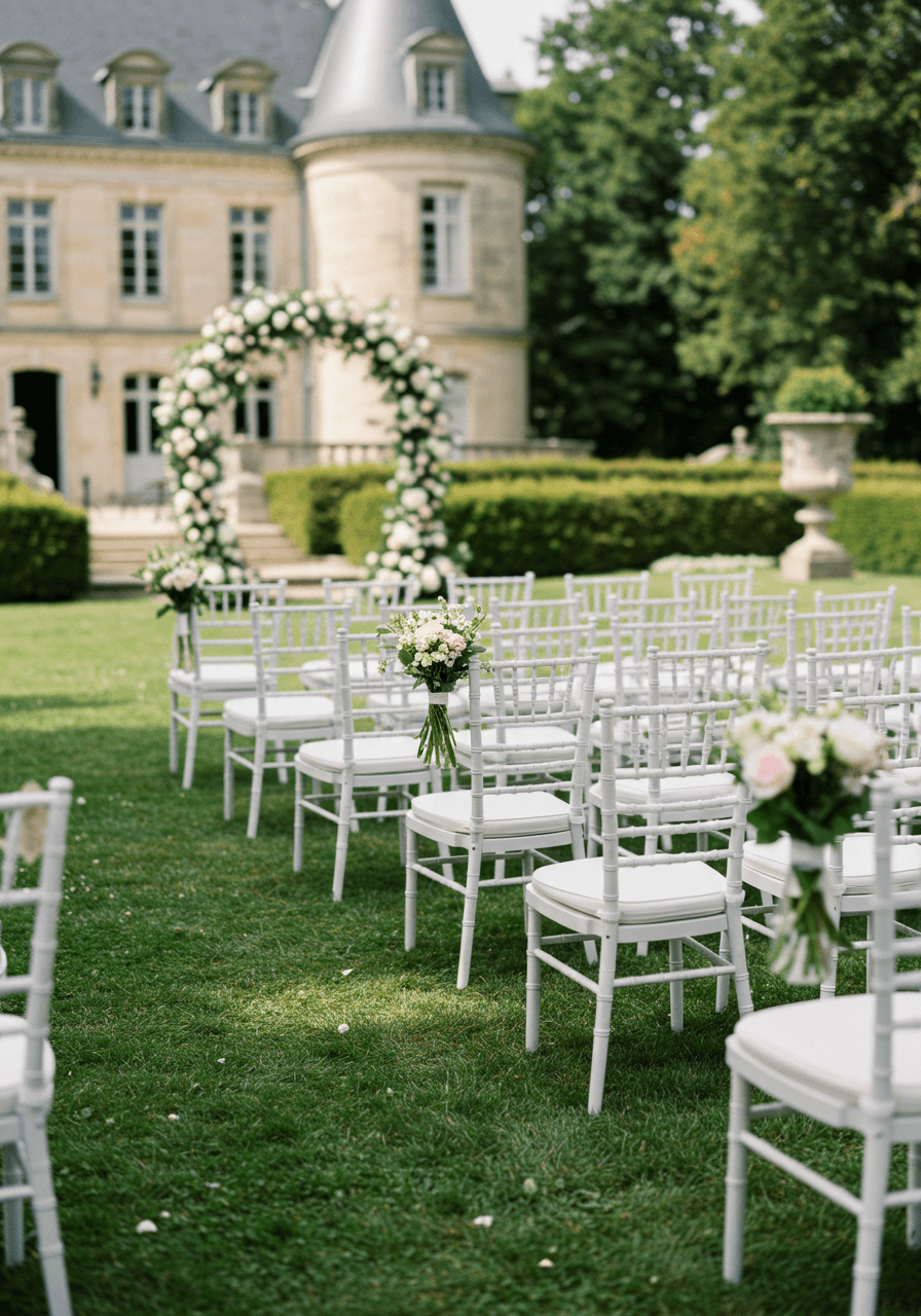 Guest perspective view of château ceremony seating and altar setup