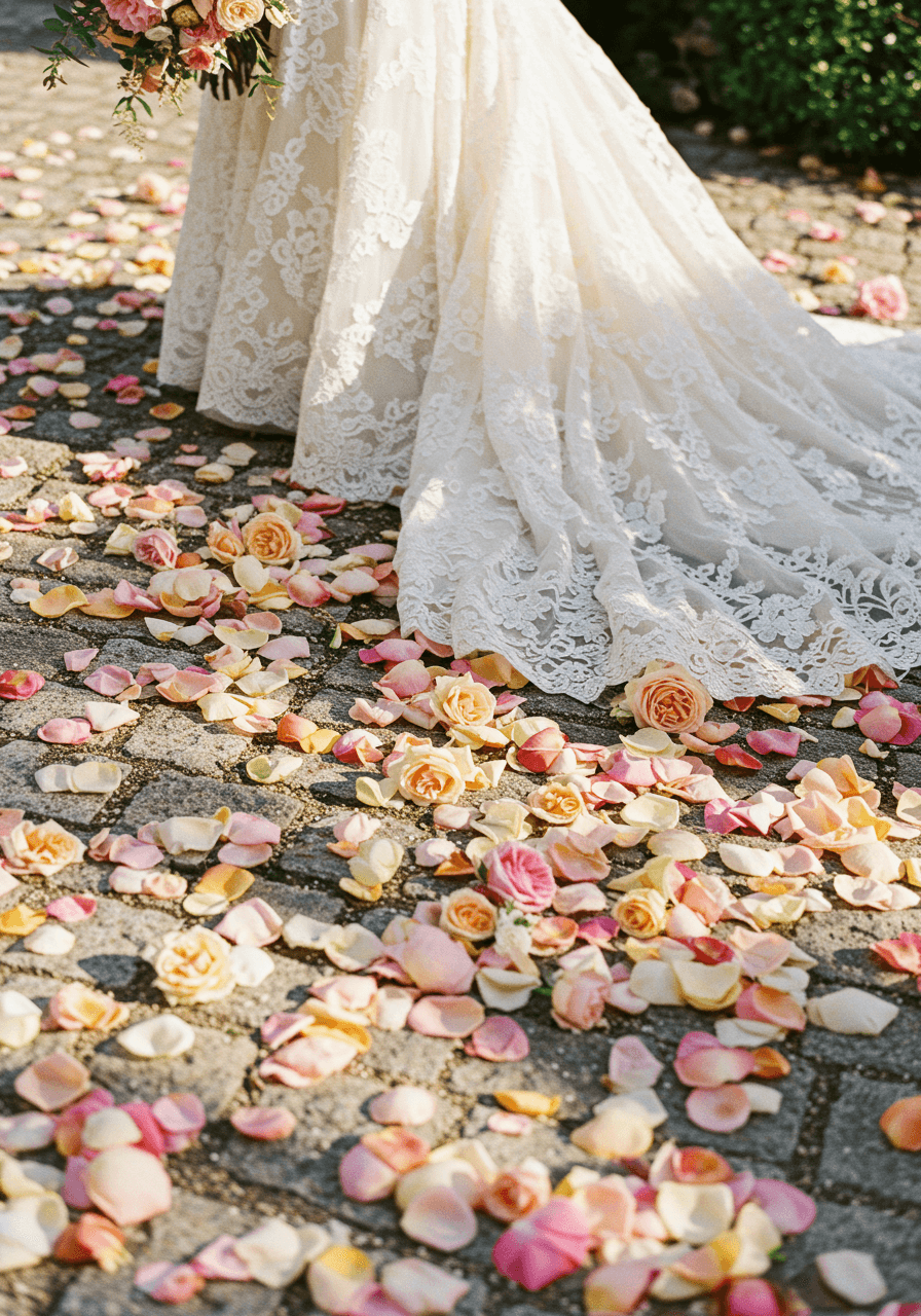 Close-up detail of wedding dress train flowing over rose petal pathway