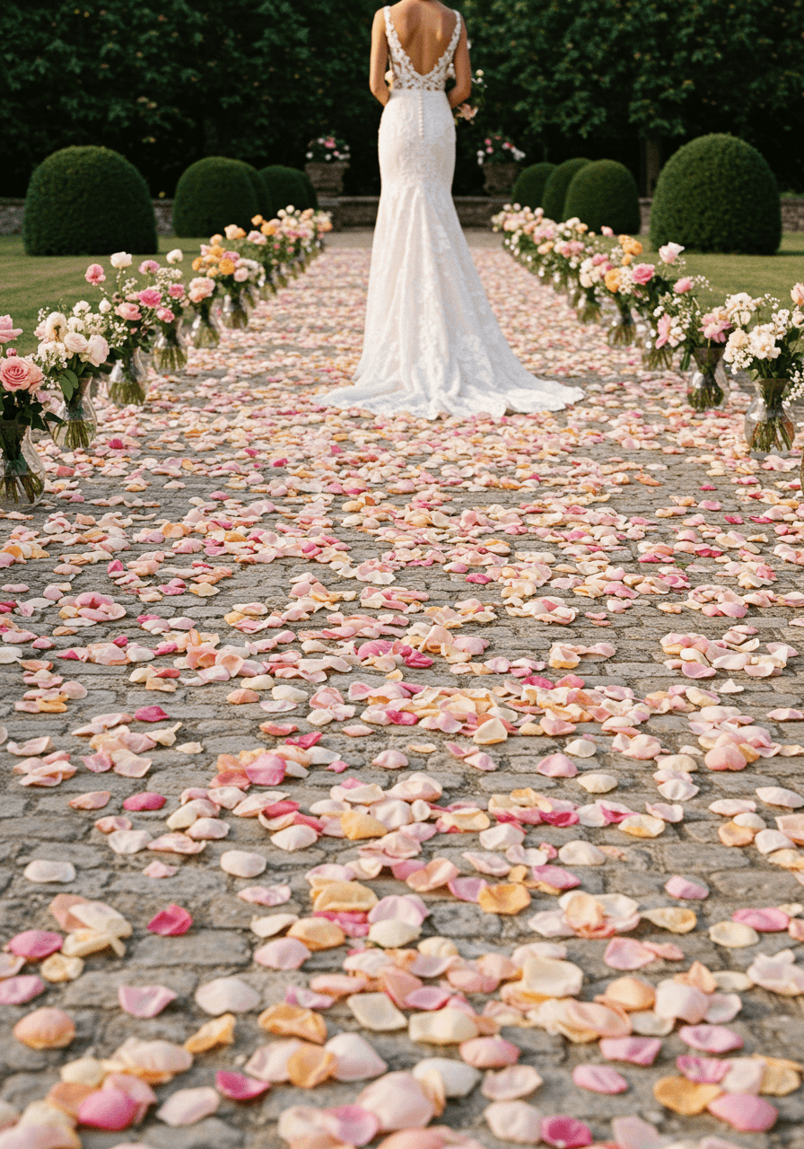 Wide view of petal-strewn ceremonial pathway through château grounds