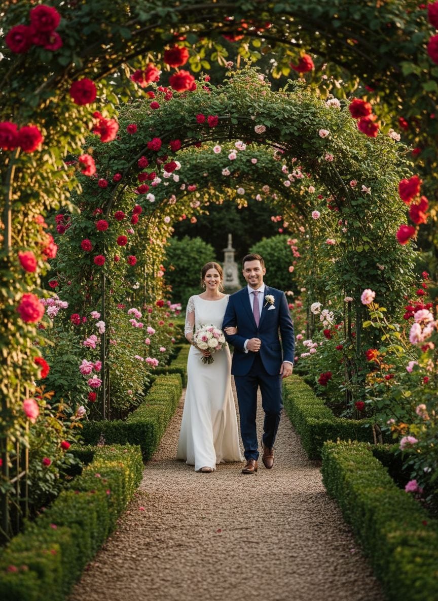 Romantic wedding ceremony surrounded by blooming rose garden during golden hour