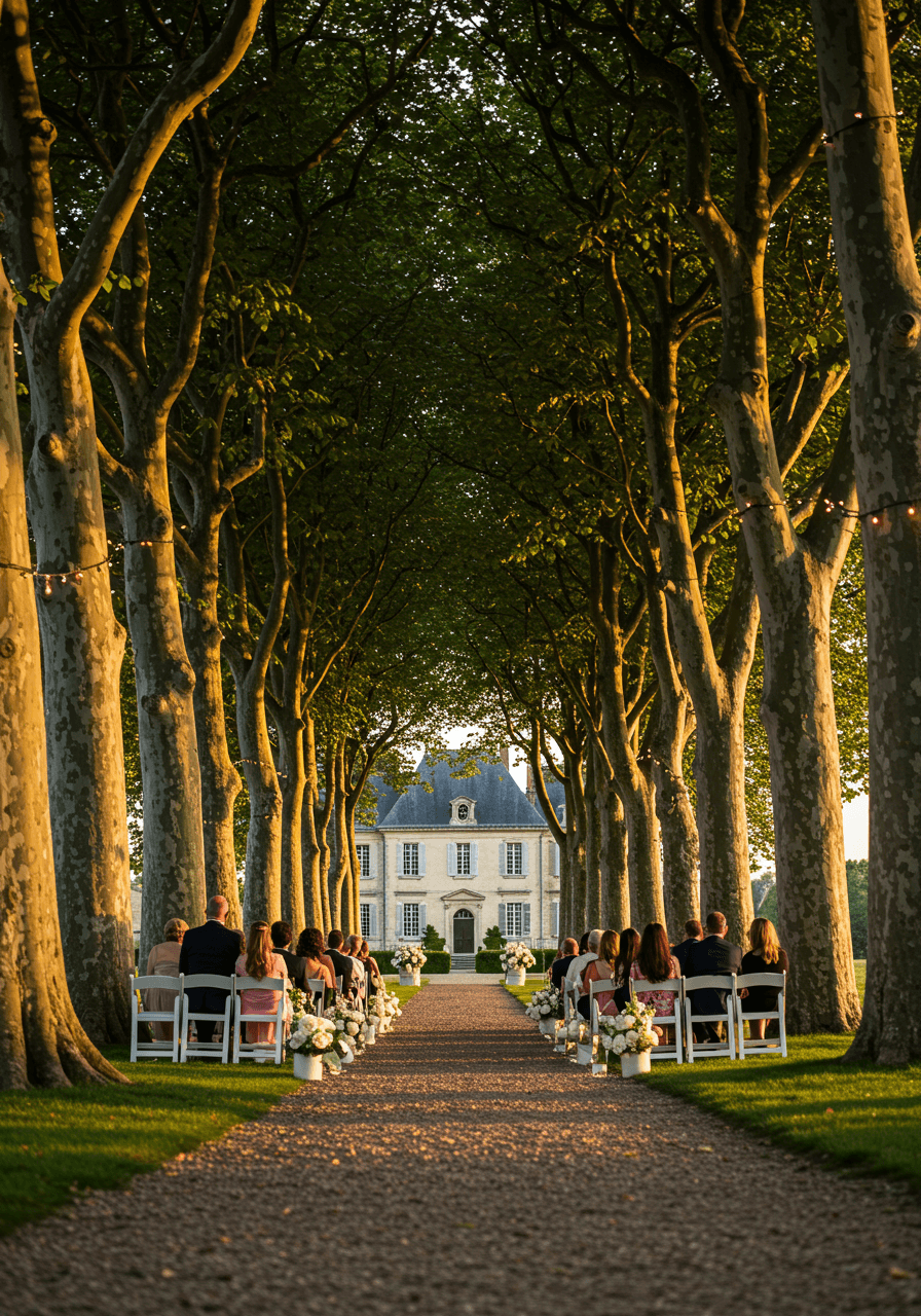 Wedding guests seated beneath natural tree canopy during allée ceremony