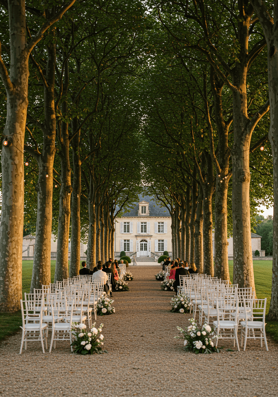 Ceremony setup along tree-lined allée with seating arranged beneath canopy