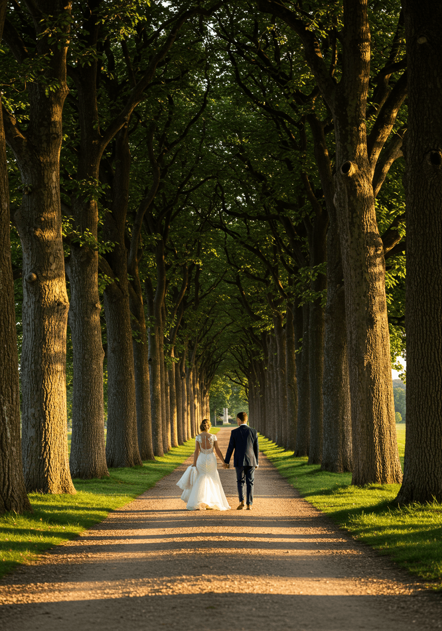 Dramatic wedding ceremony beneath majestic tree-lined allée during golden hour