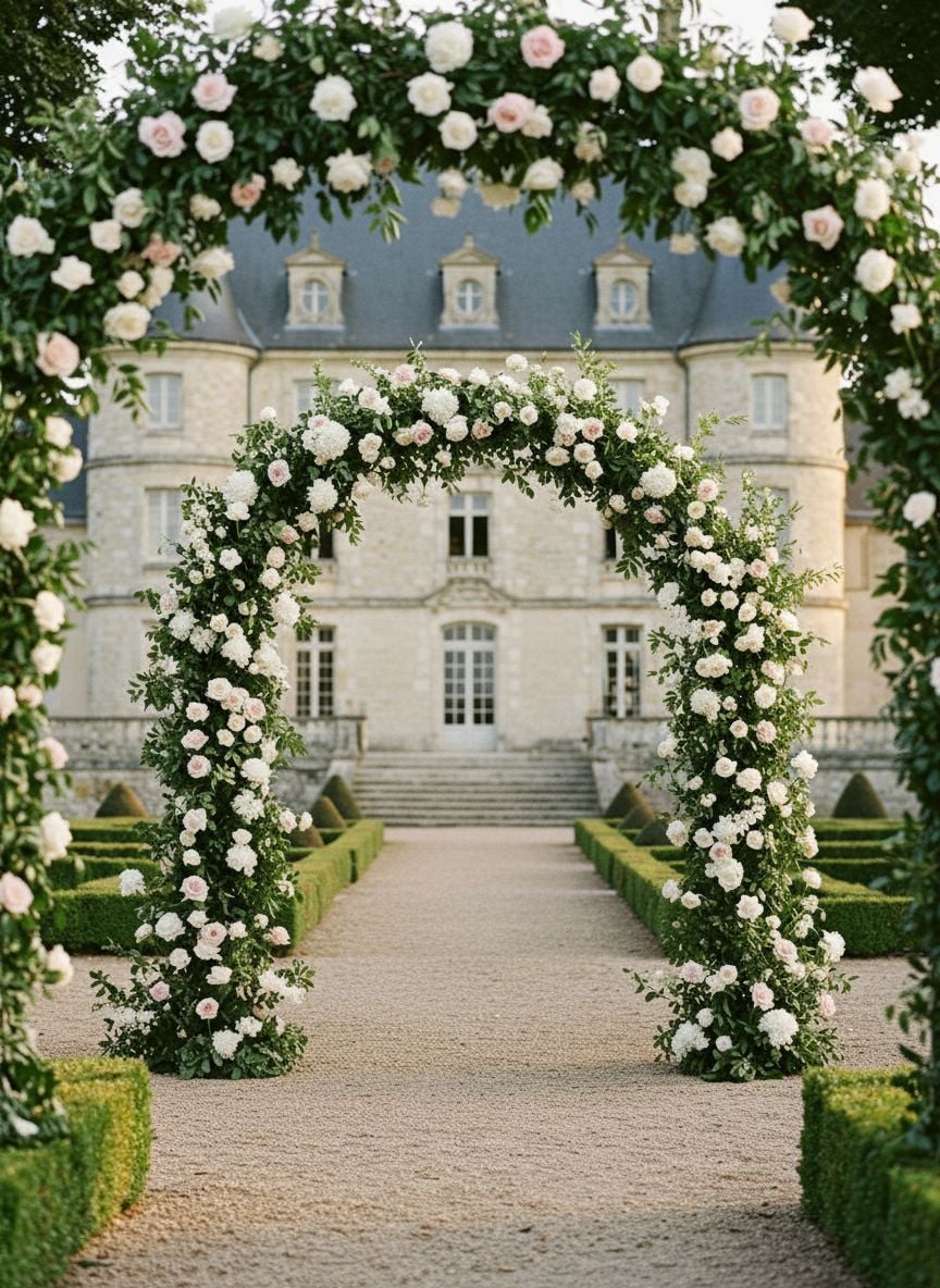 Romantic wedding ceremony beneath floral archway in château gardens during golden hour